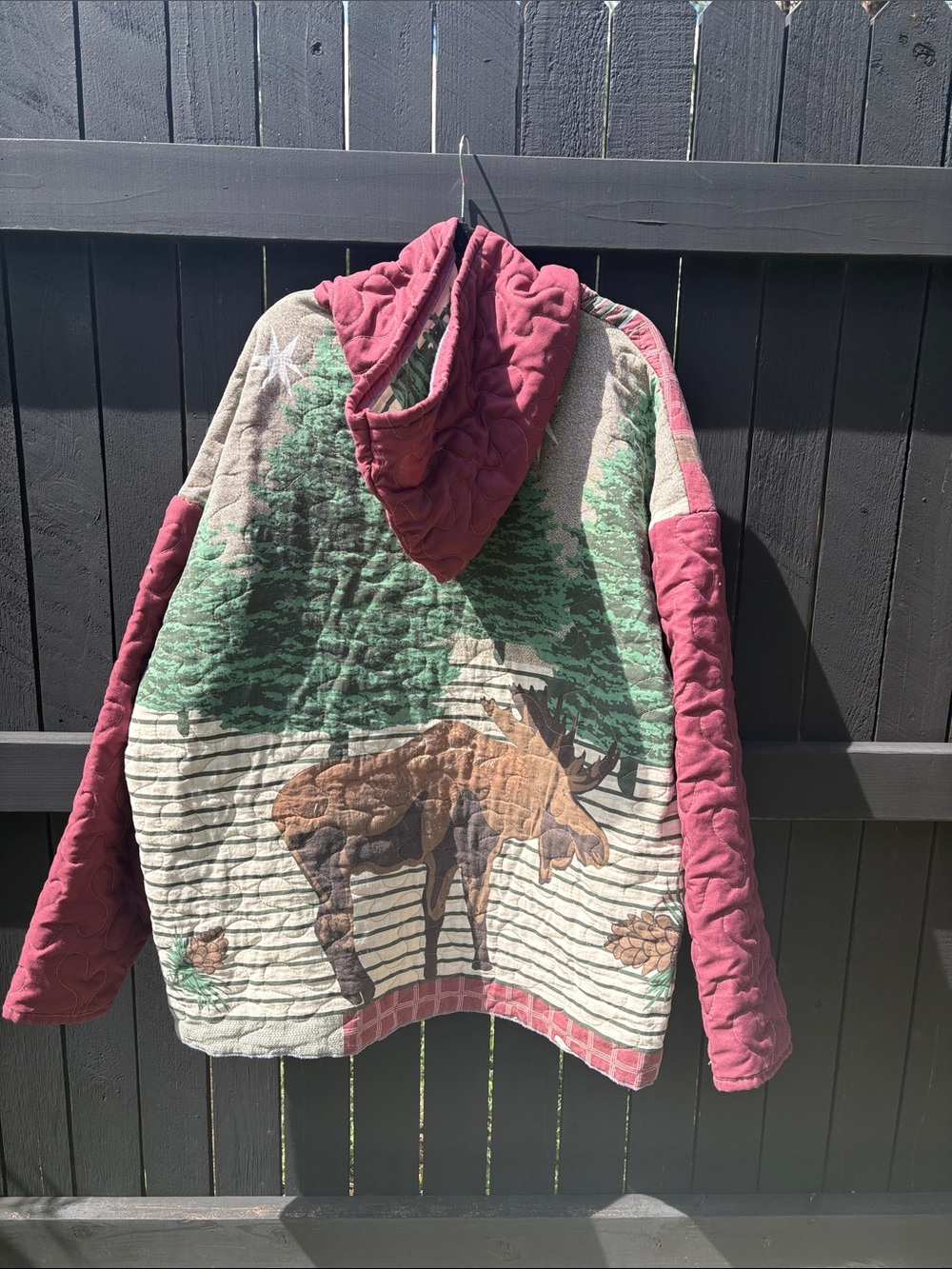 Patchwork Quilted Jacket with Fish Motif - Moose on back Rose and Green - Picture 3 of 7